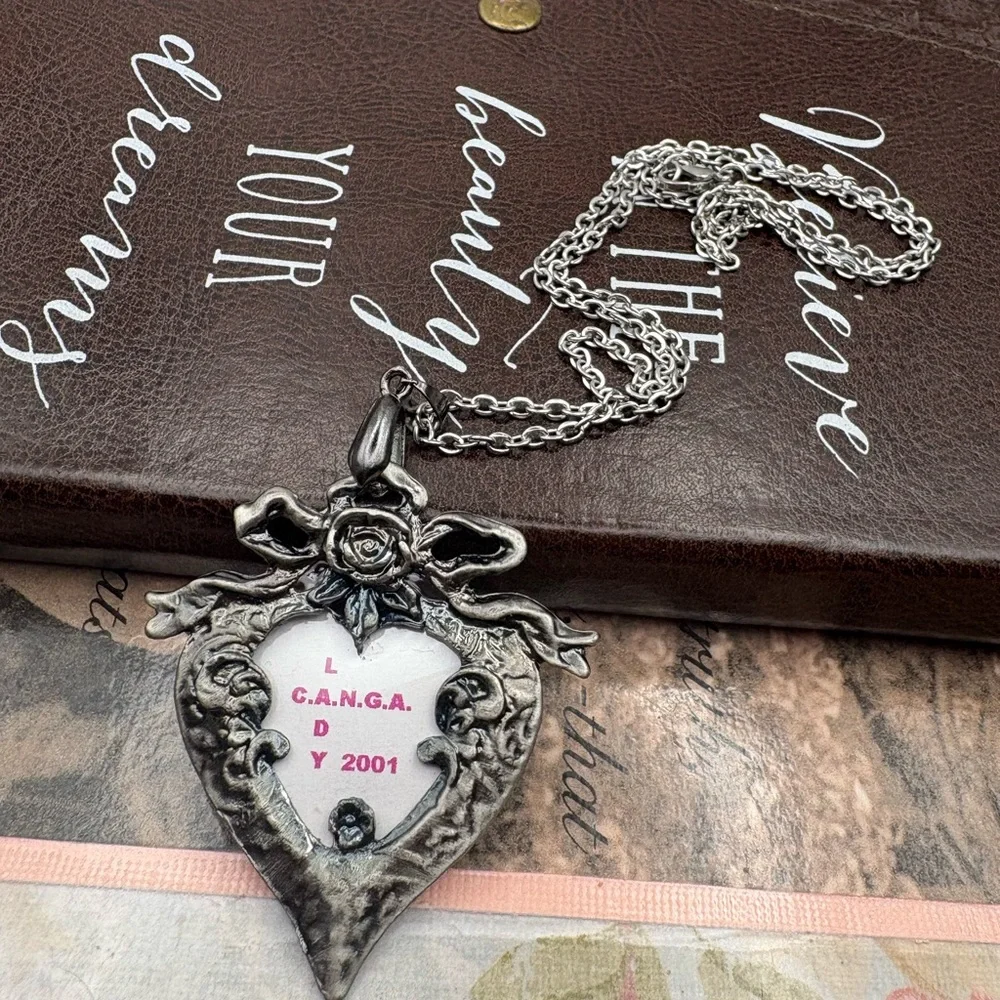 Y2K 2001 Gothic Heart Rose Pendant Brooch Romantic Goth Whimsigoth Necklace